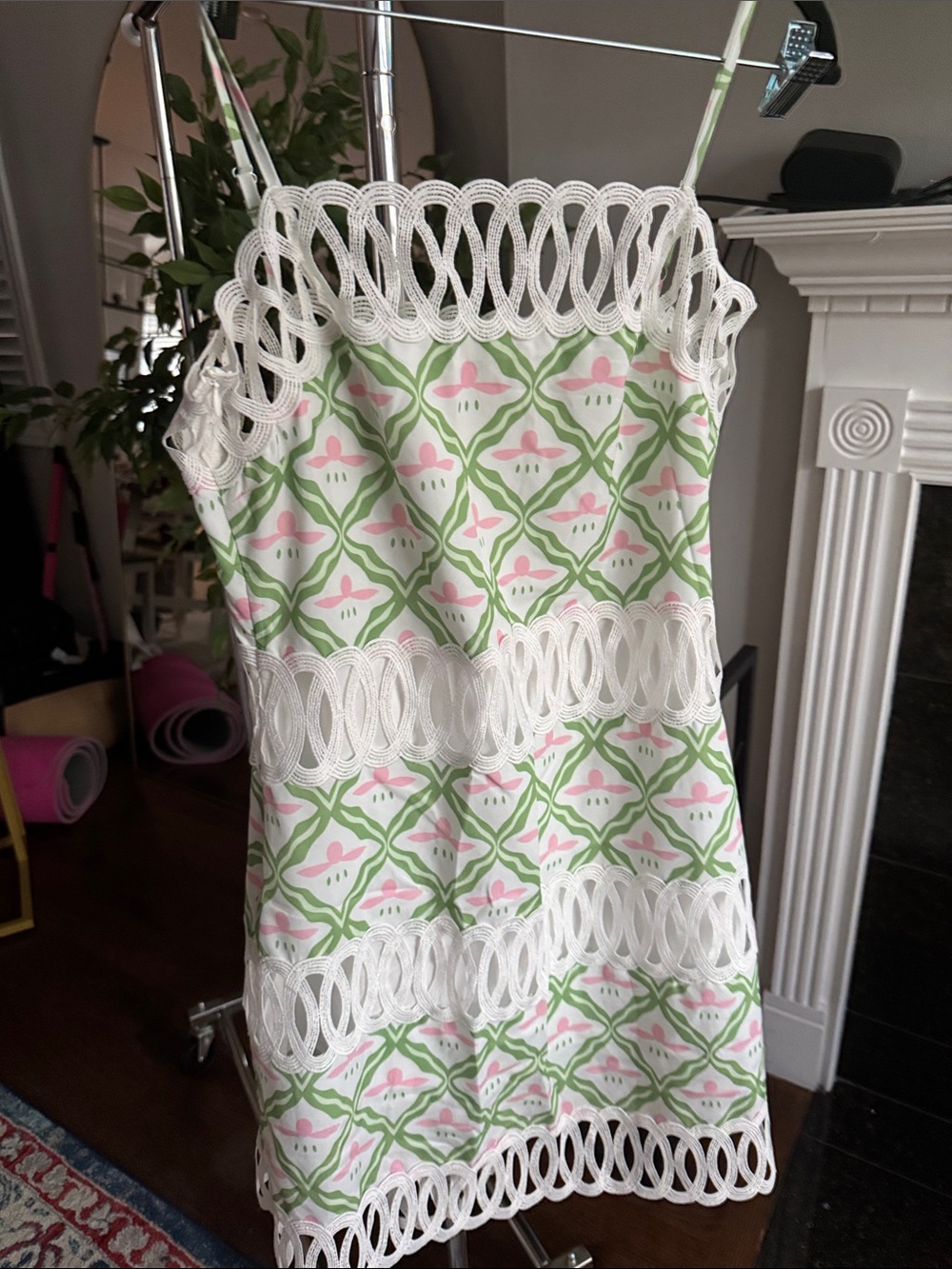 NWOT Great Rush Dress White, Green & Pink Patterned Sundress with Macramé Trim